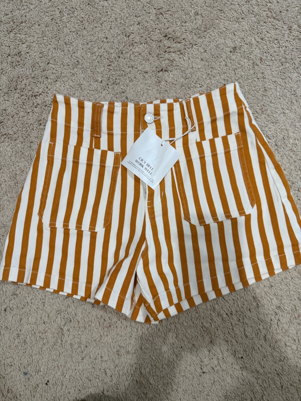 Striped High-Waist Cotton Shorts in Mustard/White